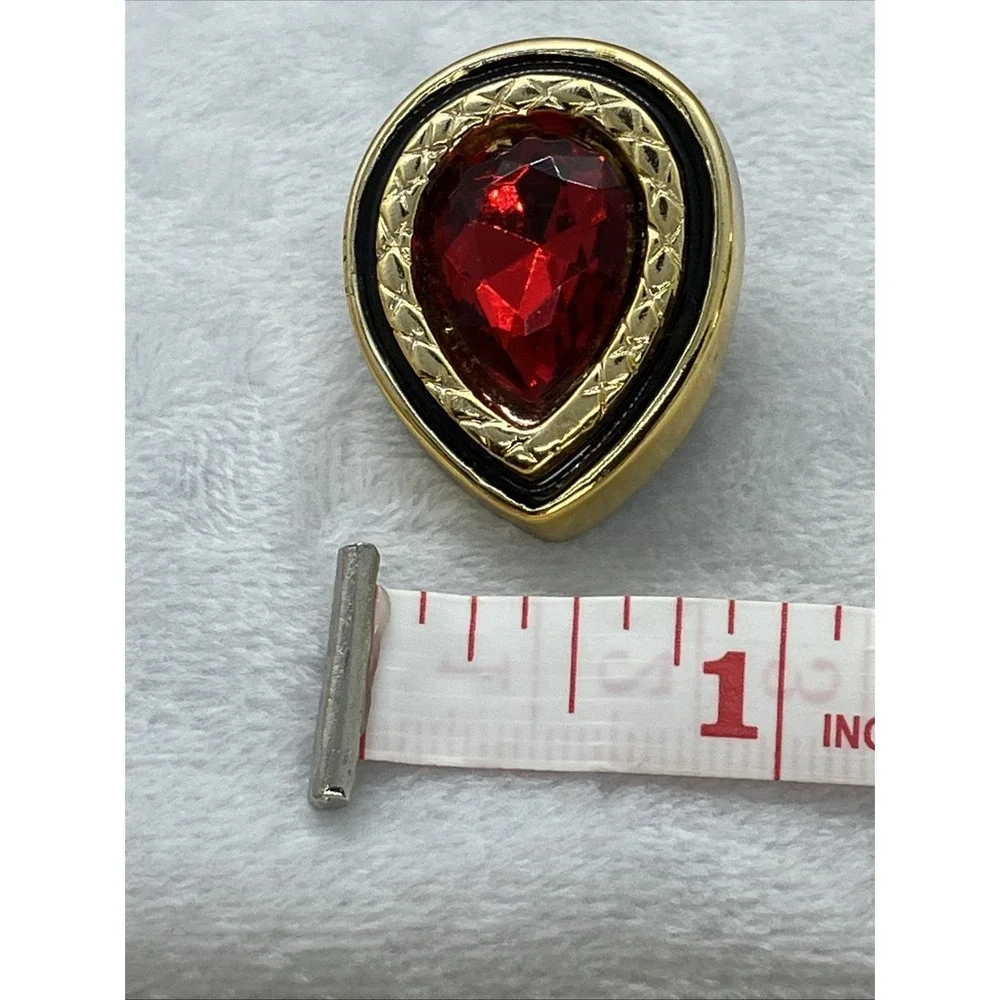 Vtg Gold Tone Red Acrylic Gemstone Style Rhinestone‎ Pierced Earrings 80's Bold
